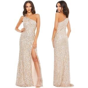 Mac Duggal NEW One Shoulder Sequin Embellished High Slit Maxi Gown Champagne 4